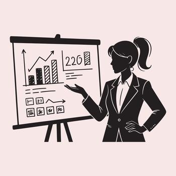 mujer de negocios presentación datos en un dar la vuelta gráfico con gráficos presentación cartas vector