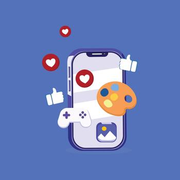 Illustration of a smartphone surrounded by social media icons, gaming controls, and creative tools, perfect for digital, communication, and content-creation themes. vector