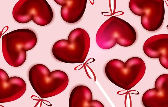 Red heart shaped balloons and lollipops against a pink gradient background create a romantic theme vector