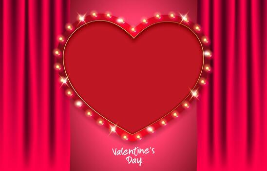 Heart-shaped frame with glowing lights set against red curtains vector