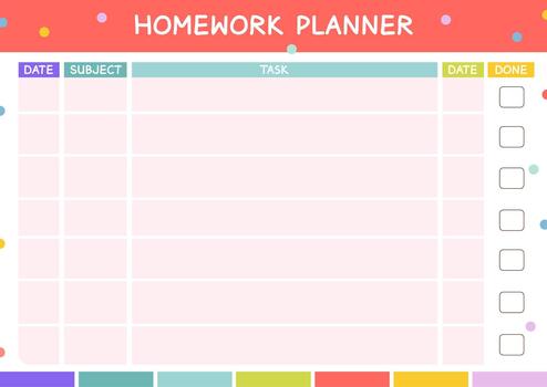 Homework Planner Template for Students. Planner layout designed for students. Columns for date, subject, task, due date, and checkboxes. School organization. vector