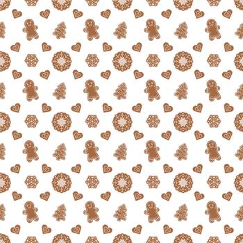 Seamless pattern of gingerbread cookies on white background men, trees, snowflakes, wreaths, and hearts. Decorated with white icing. Festive and cozy design for wrapping paper vector