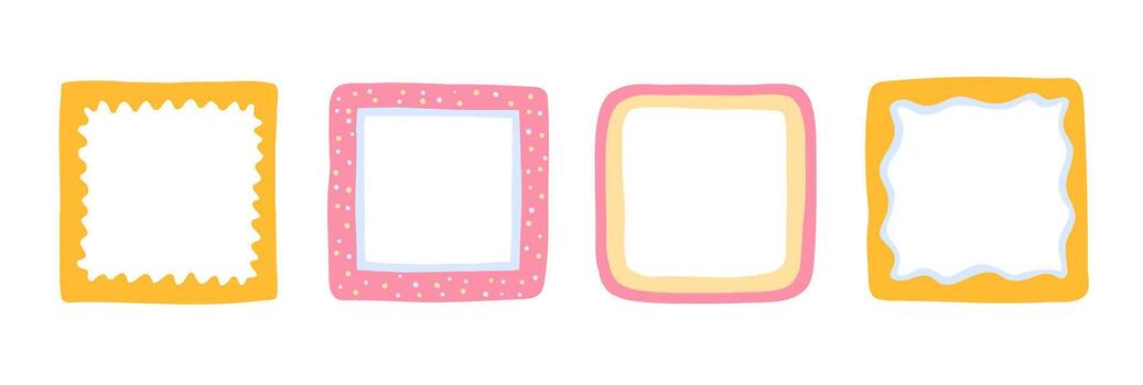 Cute square frames. Squiggle photo borders. Wiggly groovy shapes, funky geometric text box frameworks. vector