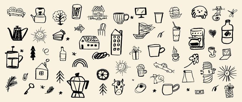 A playful hand-drawn doodle collection featuring everyday objects, home items, nature elements, animals, coffee icons, and whimsical sketches. Perfect for patterns, stickers, branding, journaling vector