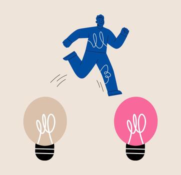 Man jumping from old to new shiny lightbulb idea. Colorful illustration vector