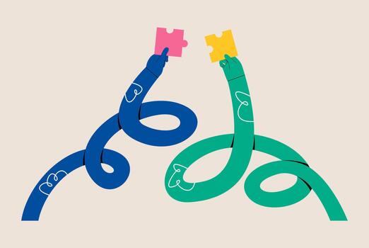 Hands connecting jigsaw puzzle together. Imagination process concept. Colorful illustration vector