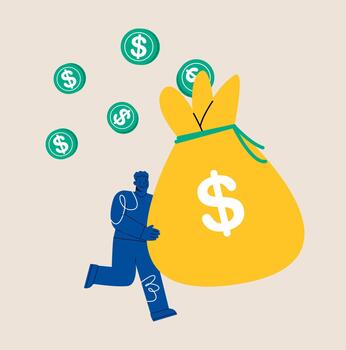 Man moving a large bag of money. Concept of increasing income and creating wealth. Colorful illustration vector
