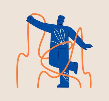 Man is entangled with rope. Concept of entanglement in life. Colorful illustration vector