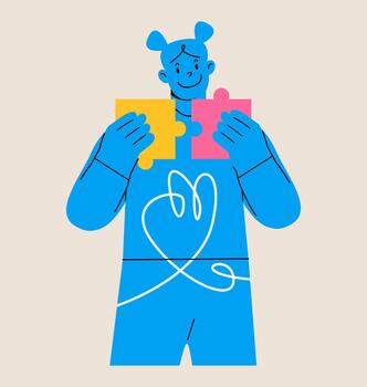 resolución de problemas mujer conectando rompecabezas piezas. vistoso ilustración vector