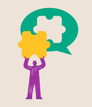 Man standing with back holding puzzle in hands putting in jigsaw in speech bubble. Colorful illustration vector