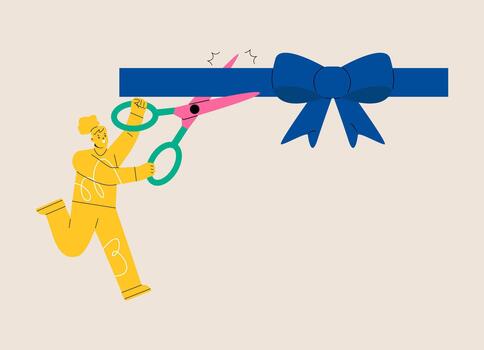 Woman is holding big scissors cutting ribbon. Grand opening concept. Colorful illustration vector