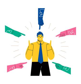 confidente negocio hombre rodeado por manos con índice dedos señalando a su. plano ilustración aislado en blanco antecedentes vector