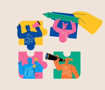 Hand assembling puzzle of diverse people. Concept diversity inclusion and creating cohesive. Colorful illustration vector