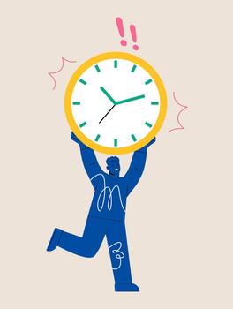 Man carry heavy big clock. concept of overworked and overtime. Colorful illustration vector