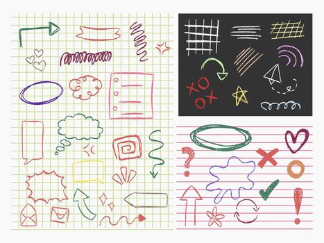 Hand-drawn doodles with arrows, speech bubbles, shapes, hearts, lines, and symbols on grid, blackboard, and ruled paper backgrounds. Playful mixed-media style for journaling and planner decoration. vector