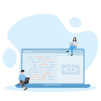 dos personas sentado en un ordenador portátil con código en eso vector