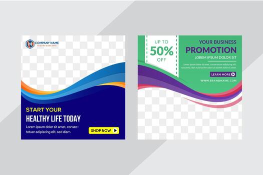 collection of Square banner for medical template illustration on blue and green background. abstract wave. Healthy life today. space for photo in top and bottom side. vector