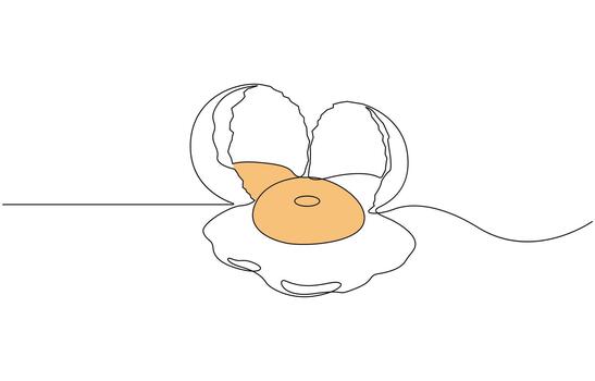 Continuous one line drawing of Fresh raw egg with cracked shell and visible yolk vector