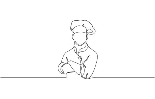 Continuous one line drawing of Professional chef illustration with culinary elements Eps 10 vector