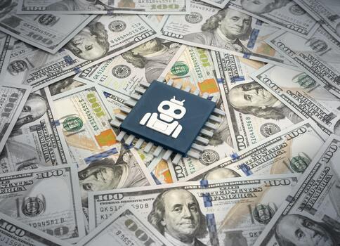 Computer microchip for robotics and AI. Investments, development and sales of advanced microchips. Tech innovation, automation trends, semiconductor industry growth photo