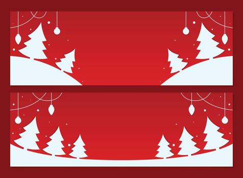 Simple and minimalist stylized Christmas banner set featuring white pine trees and snow against gradient red background perfect for seasonal web headers, greeting cards, promotions, and digital ads. vector
