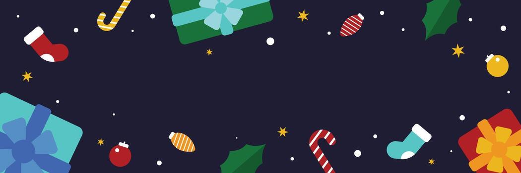 Christmas banner template with border of scattered holiday elements on a dark blue background with copy space for text suitable for promos, digital ads, and greeting cards. vector