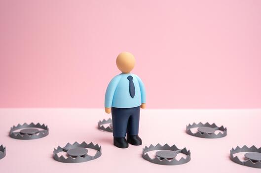 An office worker navigates a series of traps. An unfavorable contract. Harsh employment terms with fines and penalties. Exploitative labor conditions and workplace risks. Corporate ethics photo