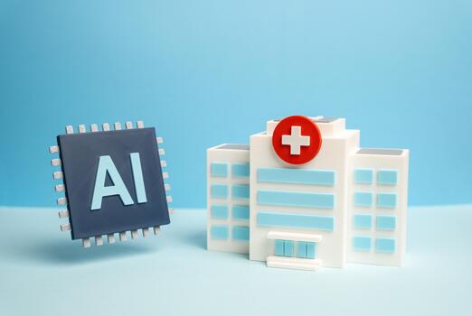 An AI-powered computer chip and a hospital. The application of artificial intelligence in medicine and diagnostics. Health tech, data analysis, and smart hospital systems. photo