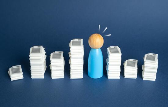 Bureaucratic barriers and time delays. A queue of papers and documents. Administrative pressure and workflow slowdown. Management, public services and office routines. photo