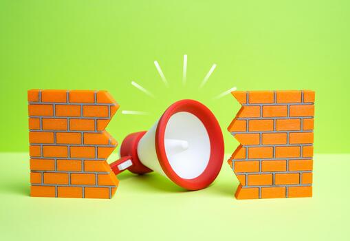 Megaphone breaks through the wall of censorship. Freedom of speech and information access. Digital rights, media control issues. Global communication challenges. photo