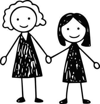 Two stick figures with striped dresses hold hands in a simple minimalist style. vector