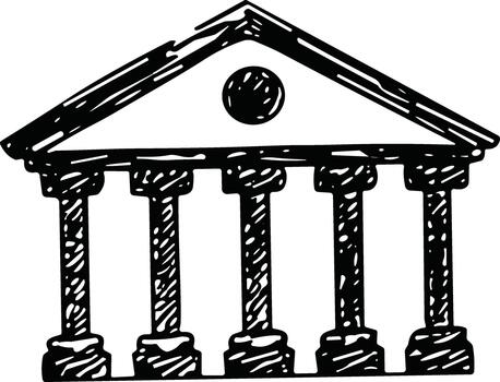 Sketchy line drawing of a Greek temple with five Corinthian columns and pediment. vector