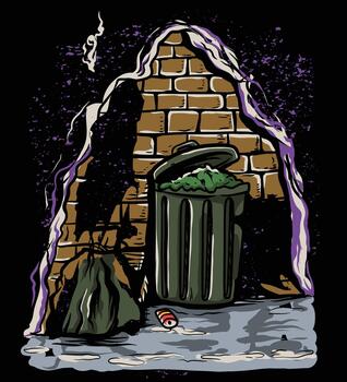 A trash can and a brick wall with a trash can in the background vector