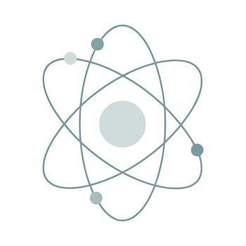 Stylized atom model with orbiting particles, science concept vector