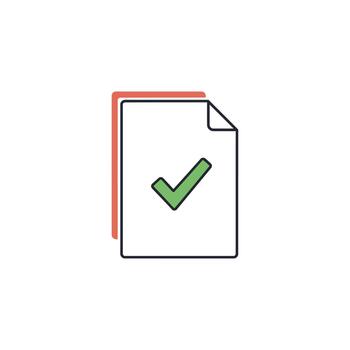 Document with green checkmark icon illustrating approved task vector