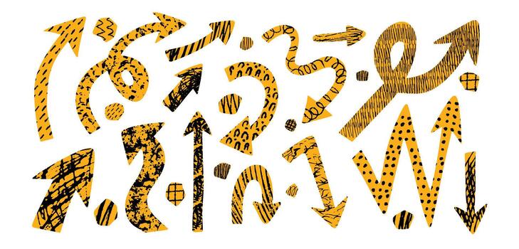 Set of cutout abstract playful arrow. Scribble doodle texture for scrapbook note design. Crayon and charcoal texture on soft paper edges vector