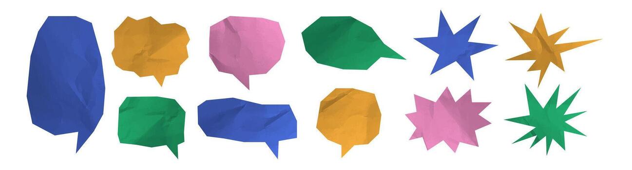 Collage crumpled speech bubble cut out. Color playful stars shapes and papers bubble message. Business communication concept. Textured dialogue bubbles. vector