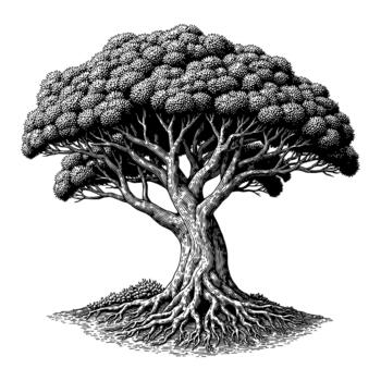 Banyan Tree with Visible Bunch of Deep Roots Black and White Outline Line Art Drawing vector