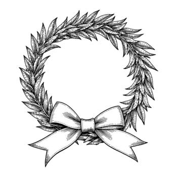 Wreath with Ribbon Black and White Outline Line Art Drawing of Laurel and Leaf Ornament Frame vector