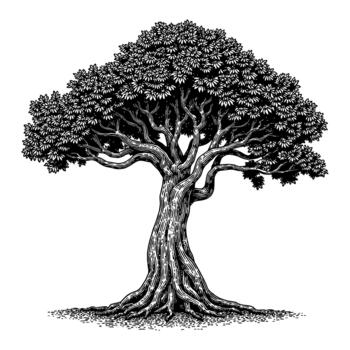 Banyan Tree with Visible Bunch of Roots Deep Black and White Outline Line Art Drawing vector
