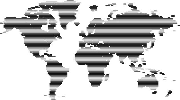 Global digital world map horizontal line pattern art view. Global strategy in a visual format with a global view of continents for business, technology, and travel purposes. vector