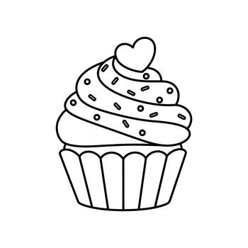 Outline drawing of a delicious cupcake topped with frosting, sprinkles, and a small heart vector