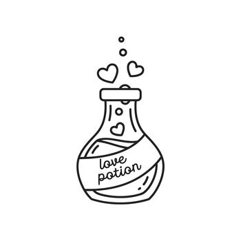 Outline drawing of a love potion in a flask with hearts floating above it vector