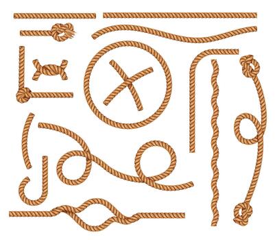 realista cuerda y nudo para náutico marco o marina decoración con entrelazados cabos marrón cable y borla textura para Armada elemento o retro forma y decoración. aislado conjunto vector