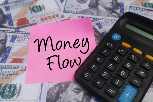 Visualizing the concept of money flow and financial management with US dollar banknotes, a calculator, and a reminder note on a textured background photo