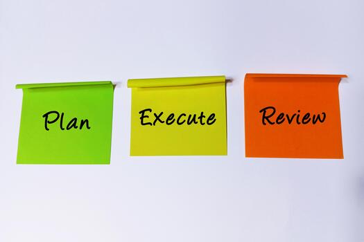 Strategic business workflow process with clear steps for planning, execution, and review for optimal project management photo