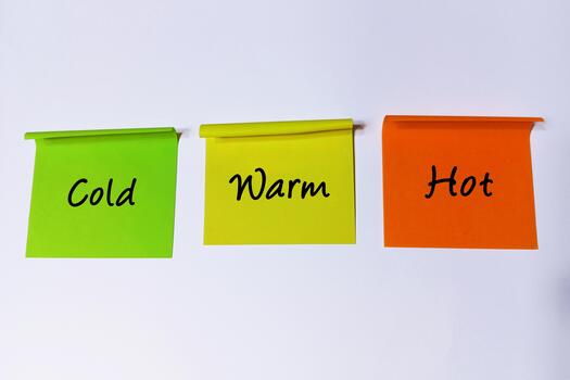 Three colorful sticky notes displaying Cold, Warm, and Hot representing a spectrum of temperature choices or feelings photo