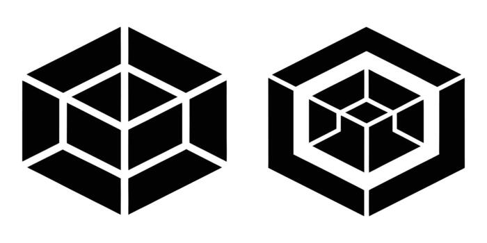 Black and white optical illusion cube icons showing depth perception vector