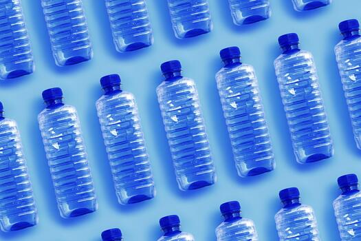 Pattern with blue plastic bottles on blue background, top view empty plastic bottle for water half litre, minimal style design. Pollution, plastic garbage, environmental protection concept photo