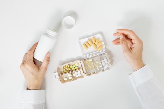 Pills box for daily intake of vitamins and medicines on white table. Top view different capsules and tablets in open plastic container in woman hands. Lifestyle for beauty and health, flat lay photo